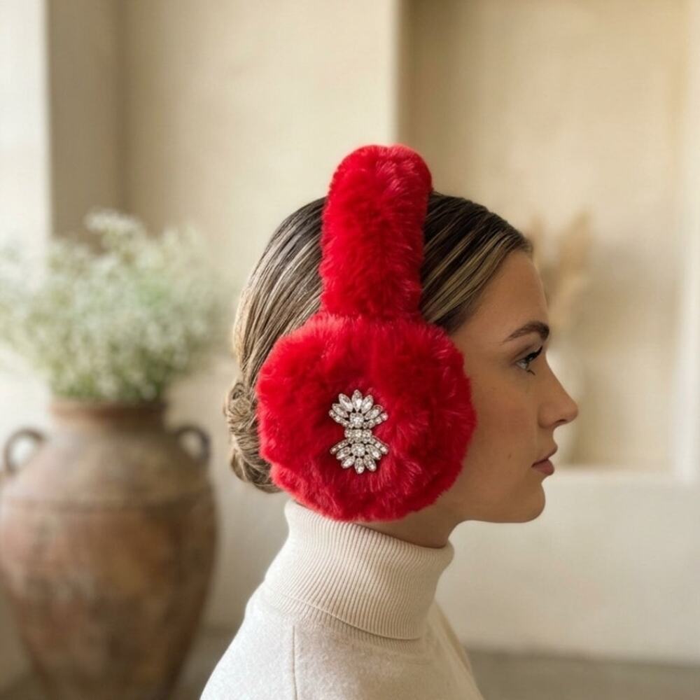 NEW Handmade Earmuffs Womens Red Faux Fur Crystal Rhinestone Embellishment